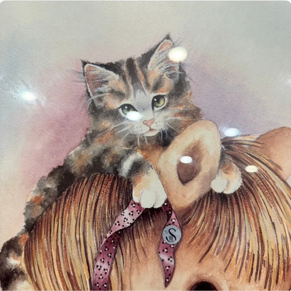 Vtg N.J. Bouvia Framed Kitten & Horse‎ Print 16x20 Nursery Wall Art 1980s Pastel